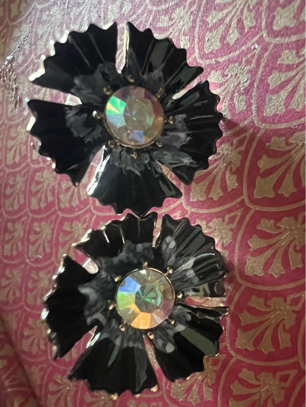 Vintage Black Enamel Floral Statement Earrings with Aurora Rhinestones